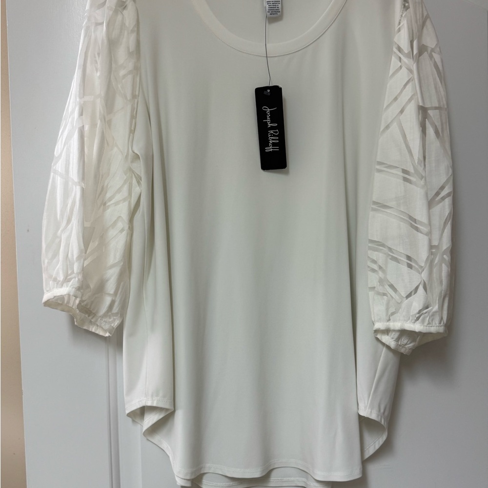 Joseph Ribkoff Cream Top with Patterned Sheer Sleeves